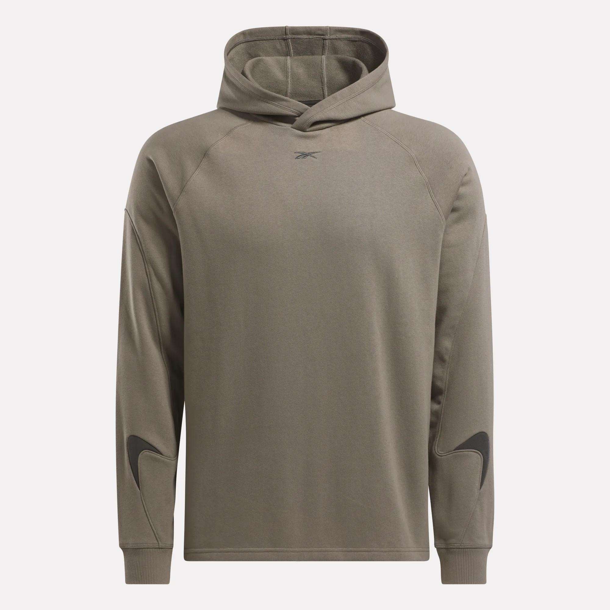 The Reebok French Terry Basketball Hoodie in olive green features long sleeves, a small chest logo, and black graphic accents near the cuffs—ideal for training. Shown here against a plain white background.