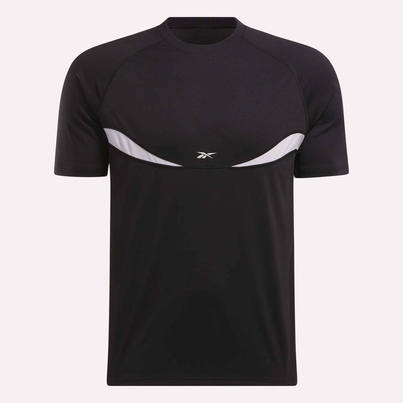 The Reebok Warm-Up Basketball T-Shirt is a black short-sleeve tee with a white curved chest stripe and central logo—ideal for your next training session.
