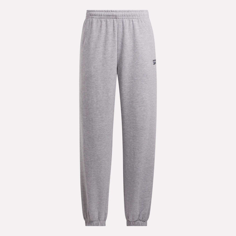 Women's Lawn Club Jogger Pants by Reebok in gray, featuring an elastic waistband, cuffs, and a small black logo on the upper left thigh. These fleece joggers offer a relaxed fit and are displayed on a plain light background.