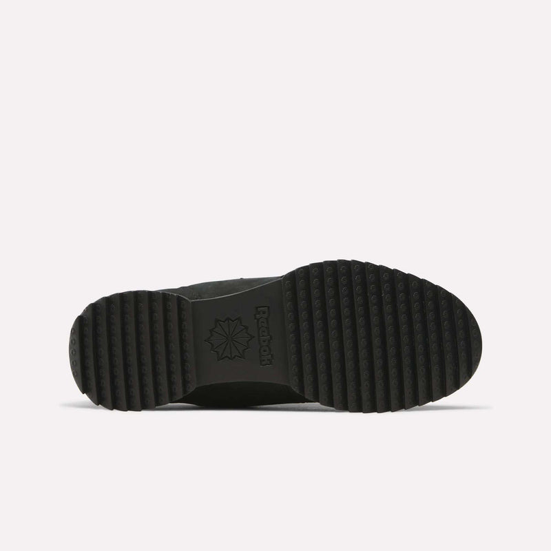 The image displays the black rubber sole of the Reebok Workout Plus Ripple Shoes, viewed from underneath. The sole features horizontal and circular grip patterns—perfect for weather-ready sneakers—and showcases a sunburst logo along with “Reebok” embossed at the center.
