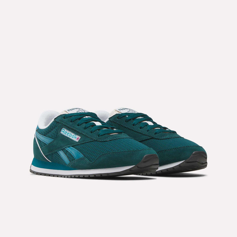 A pair of Women's Classic AZ Shoes by Reebok in teal featuring suede and mesh uppers, white midsoles, black outsoles, and heritage logos on the side and tongue.