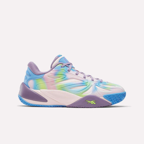 The Reebok Angel Reese 1 Shoes - Big Kids feature a wavy pastel blue, green, yellow, and pink design with a purple sole, lavender laces, and a neon green Reebok logo—colorful basketball sneakers inspired by Angel Reese.