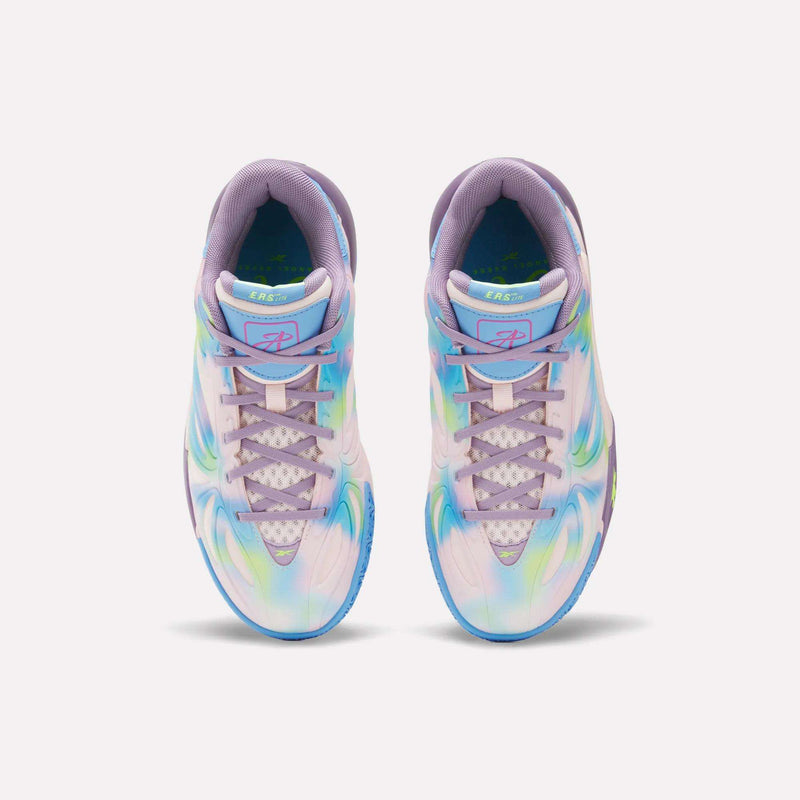Top view of Reebok Angel Reese 1 Shoes - Big Kids: vibrant basketball shoes with swirling pastel blue, purple, yellow, and green patterns, light purple laces, and a mesh tongue.
