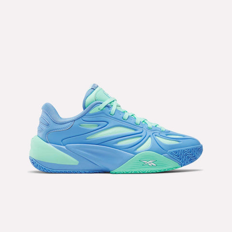 The Reebok Angel Reese 1 Shoes for Big Kids feature a blue and mint green futuristic design with curved lines, a textured sole, and the Reebok logo—making them the perfect basketball sneakers, shown on a plain white background.