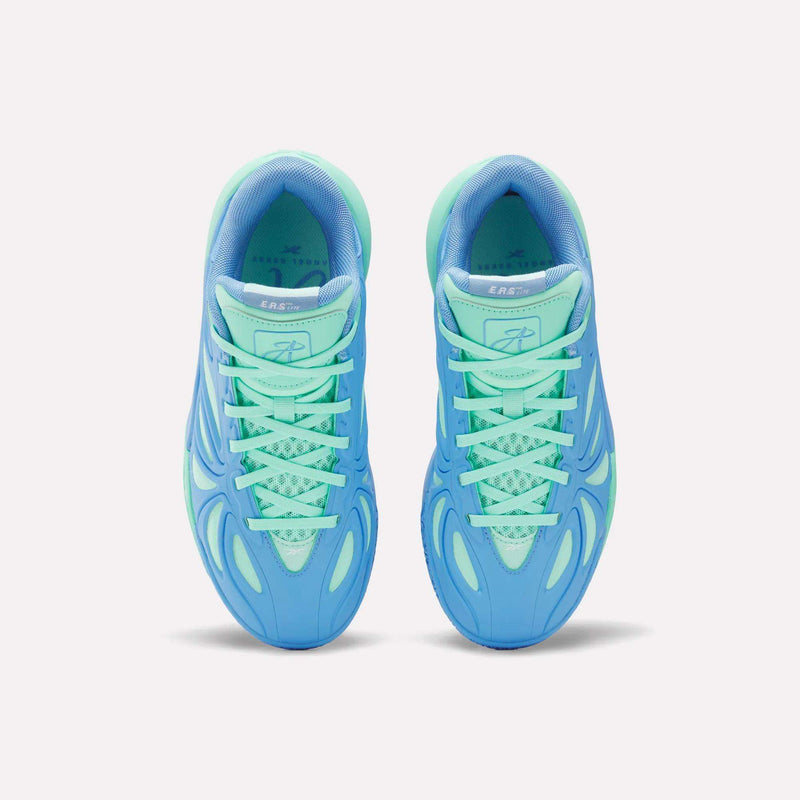 Top view of Reebok Angel Reese 1 Shoes - Big Kids in turquoise blue and light green with wavy side patterns and light green laces, side by side on white—vibrant basketball sneakers inspired by Angel Reese.