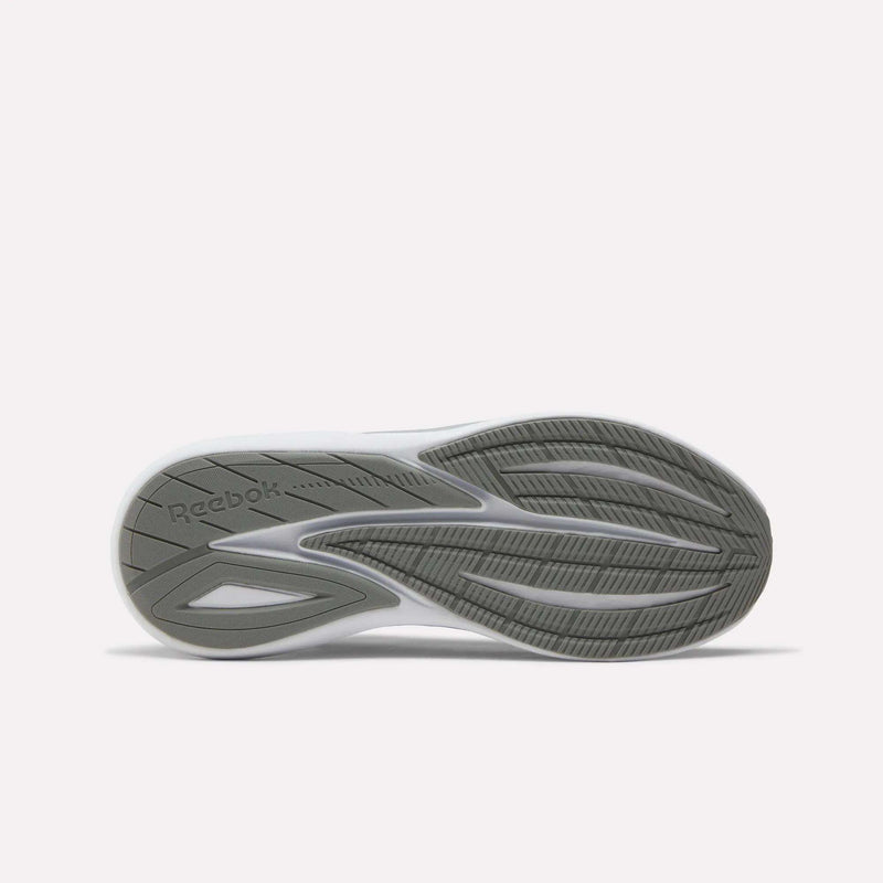 The image displays the sole of the Reebok Men's Viva Speed Shoes, featuring a grey and white pattern, textured grooves for added cushioning, enhanced grip and traction, and the Reebok logo embossed on the left side.