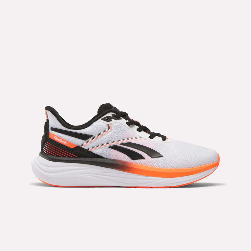 The Men's Viva Speed Shoes by Reebok feature a white design with black laces, a black logo, orange accents, and extra cushioning for comfort. This breathable athletic shoe is displayed in profile on a plain white background.