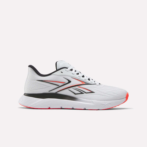 The Reebok Nano Gym 2.0 Training Shoes in Ftwr White/Neon Cherry feature a cushioned high-rebound foam midsole, black sole with red tread, lace-up design, and bold side logo—ideal for training sessions.