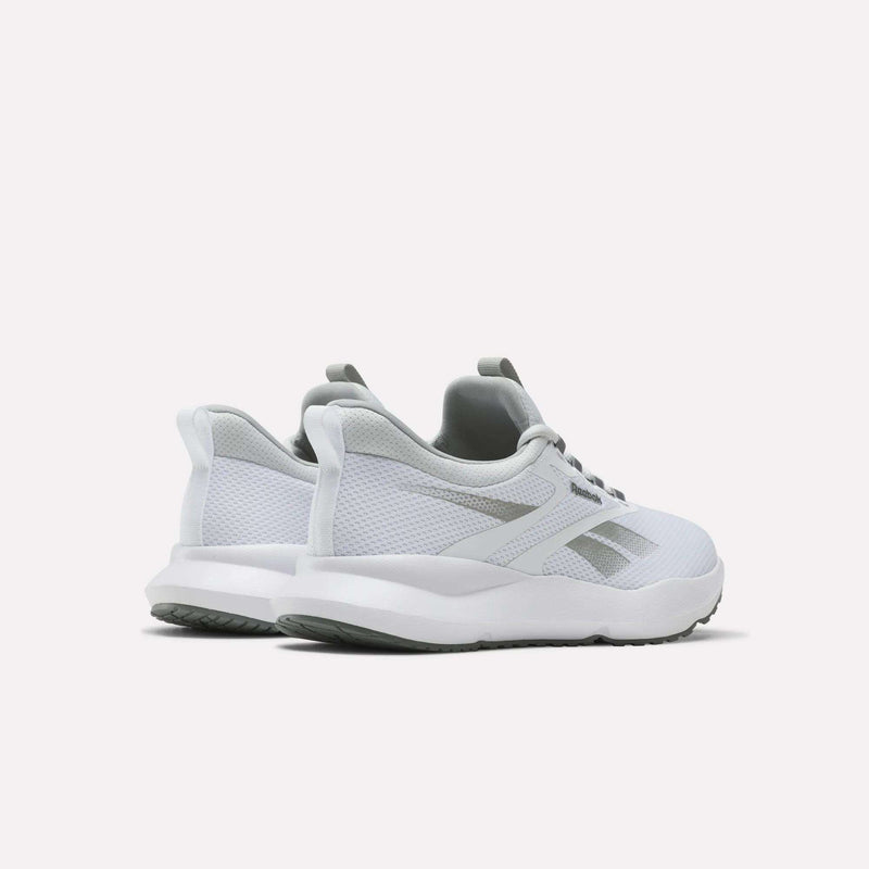 The Reebok Men's Cityride 2 Running Shoes in white and light gray feature mesh uppers and FuelFoam cushioning, displayed from a rear side view on a plain light background.