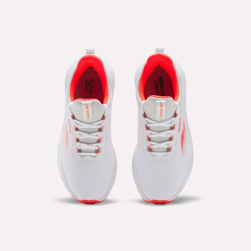 A top view of the Reebok Women's Cityride 2 Running Shoes in white with red accents, mesh uppers, white laces, logo on tongue and side, and FuelFoam cushioning for extra comfort.