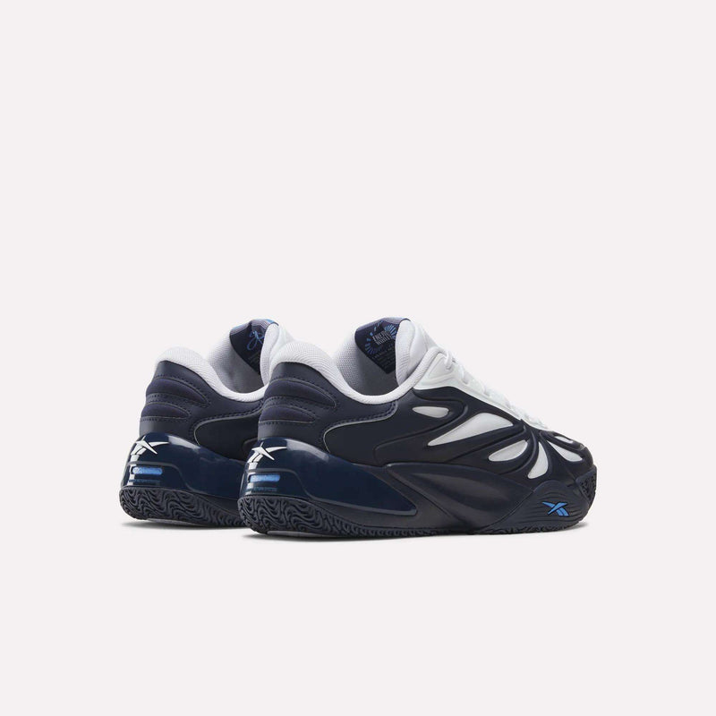 A pair of Angel Reese 1 Basketball Shoes by Reebok in navy blue and white with black and blue soles, featuring the Reebok Energy Return System, shown from the back and side on a plain white background.