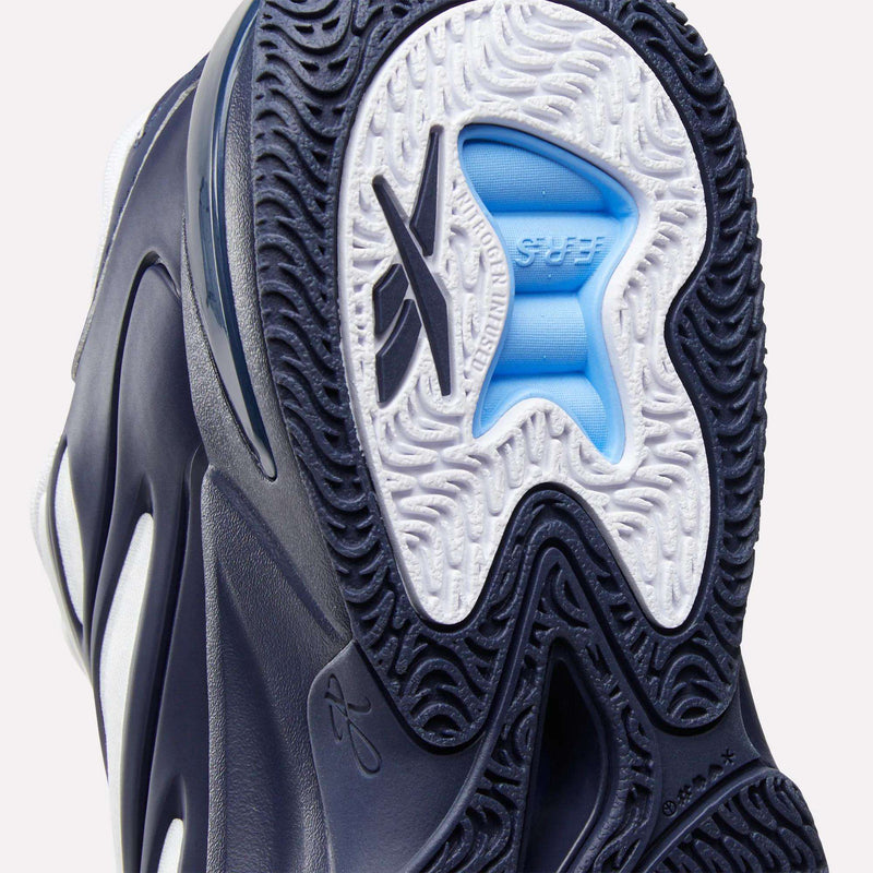 Close-up of the Angel Reese 1 Basketball Shoes sole by Reebok, showing detailed black, white, and light blue tread with SUP embossed in blue and an X logo near the heel—highlighting Reebok Energy Return System technology.