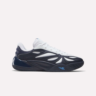 The Angel Reese 1 Basketball Shoes by Reebok feature the Energy Return System, a white mesh upper with dark navy and black accents, wavy overlays, white laces, and a blue Reebok logo—ideal for performance basketball enthusiasts.