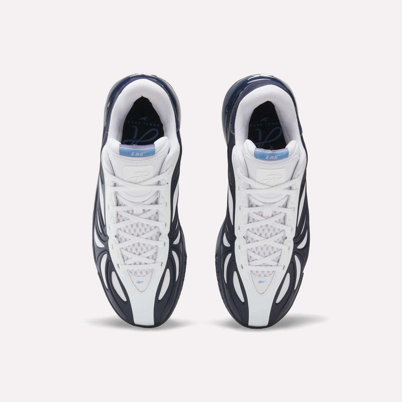 Top view of a pair of Angel Reese 1 Basketball Shoes by Reebok in black and white with blue accents, wavy design, and white laces, featuring the Energy Return System—stylish performance shoes on a plain white background.