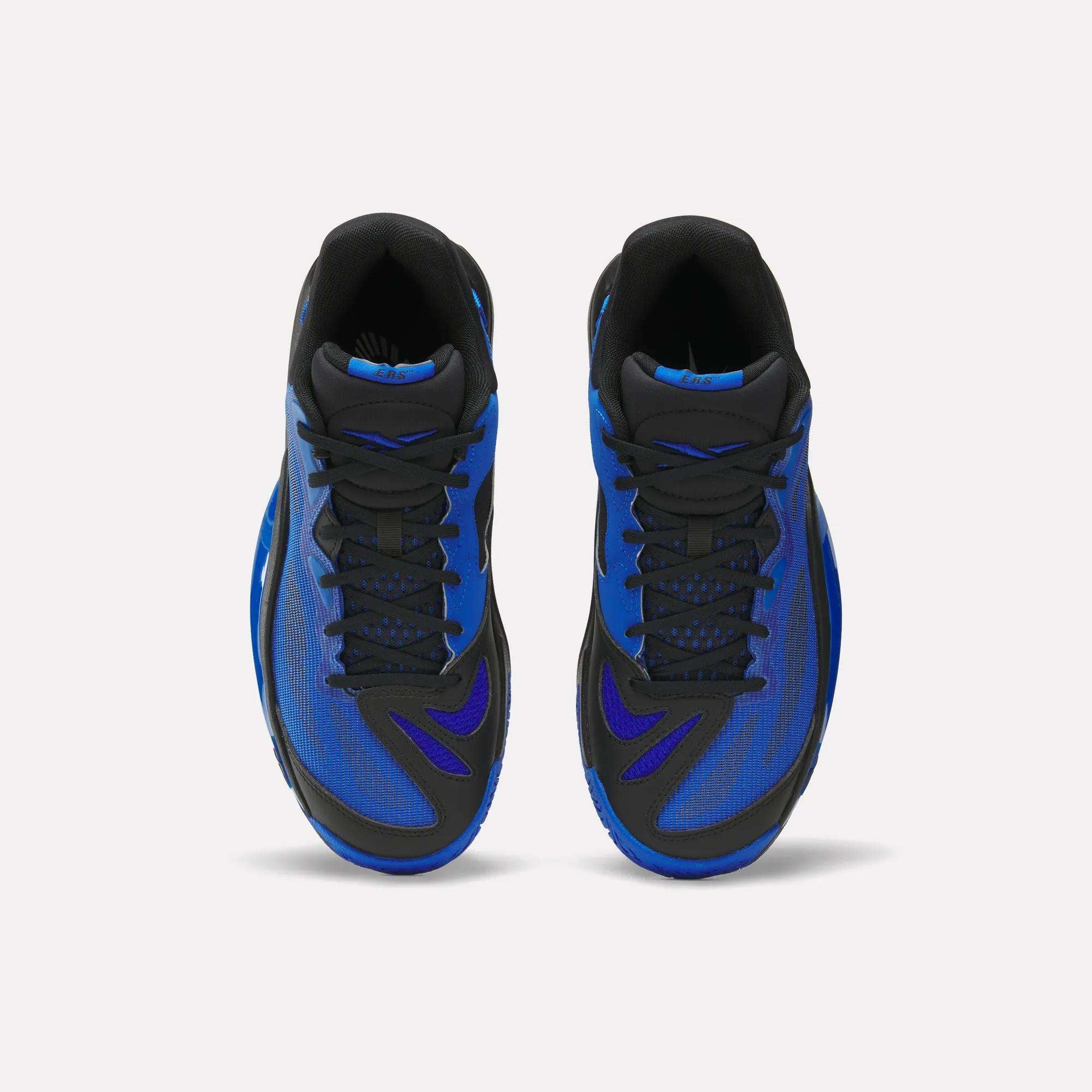 Top view of Reebok Engine A 26 Basketball Shoes with black and blue mesh uppers, black laces, and purple accents. Designed for stability and energy return, these sneakers are shown side by side on a white background.