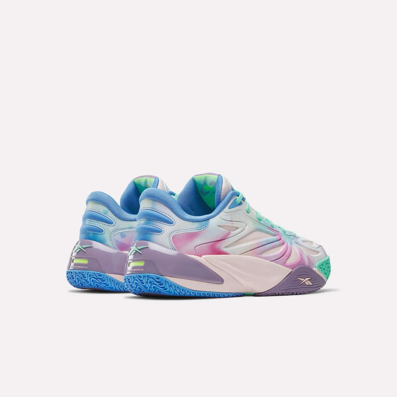 The Reebok Angel Reese 1 Basketball Shoes feature vibrant blue, purple, pink, and mint green accents with wavy patterns and chunky soles. Shown side by side on a plain white background.