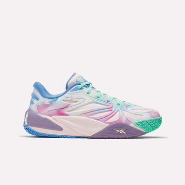 The Reebok Angel Reese 1 Basketball Shoes feature a pastel gradient in pink, purple, blue, and green, a textured sole with Reebok Energy Return System for comfort, and Reebok logos on the side and heel.
