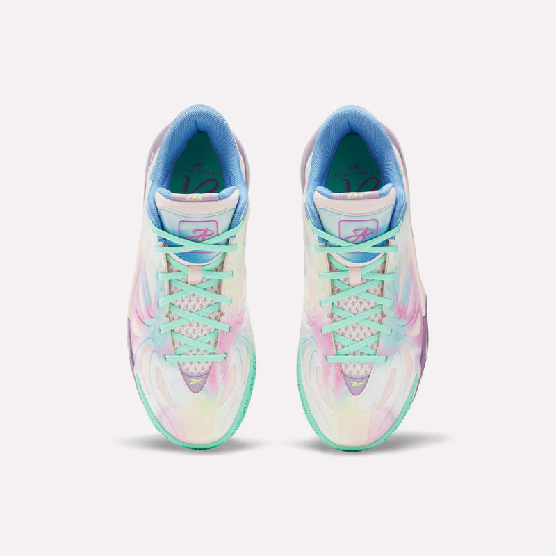 Top view of the Reebok Angel Reese 1 Basketball Shoes, showcasing colorful pastel hues, gradient patterns, white soles, and a light blue inner lining, inspired by performance basketball designs and displayed on a plain white background.