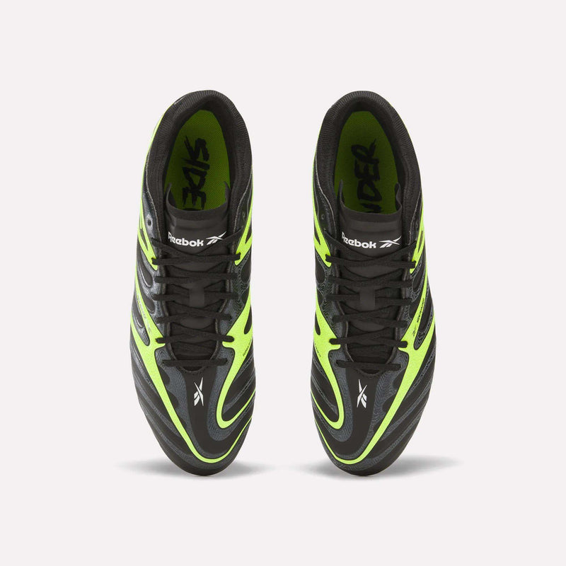 Reebok Sidewinder 26 Pro FG Cleats in black with neon green accents, seen from above. The shoes feature the Reebok logo and "RIDER" inside, crafted for firm ground to boost ball control like elite soccer cleats.