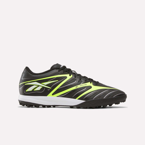 The Reebok Sidewinder 26 League Turf Cleats feature a black upper accented with digital lime (neon yellow) and white details, including the brand’s logo and a white sole. Designed with black laces and small rubber studs on the outsole, these cleats are ideal for turf players competing on artificial soccer fields.
