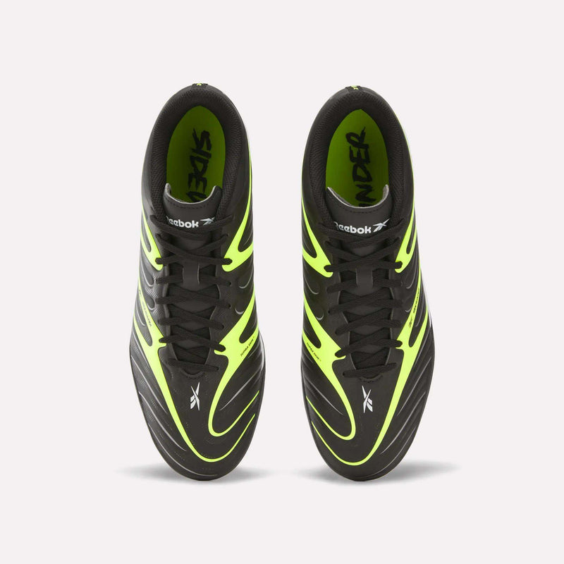 A pair of Reebok Sidewinder 26 League Turf Cleats in black and neon yellow, photographed from above to highlight the laces, interior branding, and striking design accents on a clean white background—ideal for turf players excelling on artificial soccer fields.
