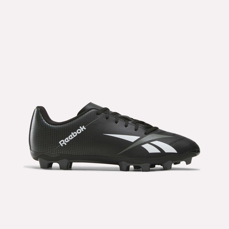 The Reebok Strike Multi Ground Soccer Cleats in black and grey—ideal for turf play—showcase classic white branding and logo, molded studs on the sole, and a secure lace-up design, all displayed against a plain white background.