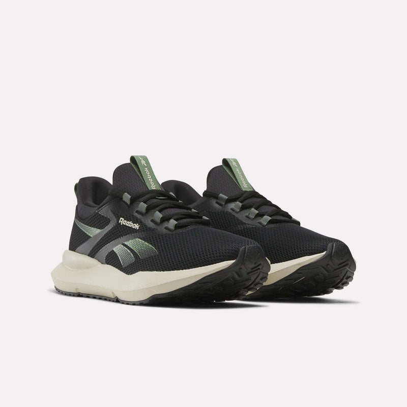 A pair of Reebok Men's Cityride 2 Running Shoes in black with white soles, green accents, and mesh uppers featuring FuelFoam cushioning, displayed side by side on a plain white background.