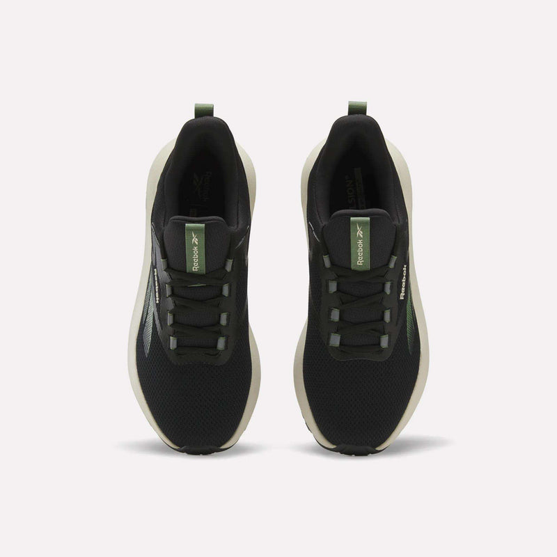 A top view of Reebok Men's Cityride 2 Running Shoes in black with white soles, green accents, and FuelFoam cushioning, highlighting the laces and Reebok logo on the tongue.