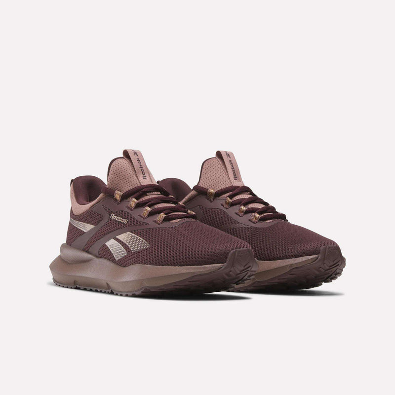 Women's Cityride 2 Running Shoes by Reebok in maroon with light pink accents feature mesh uppers, thick rubber soles, FuelFoam cushioning, the Reebok logo, pink tongue label, laces, and outsoles.