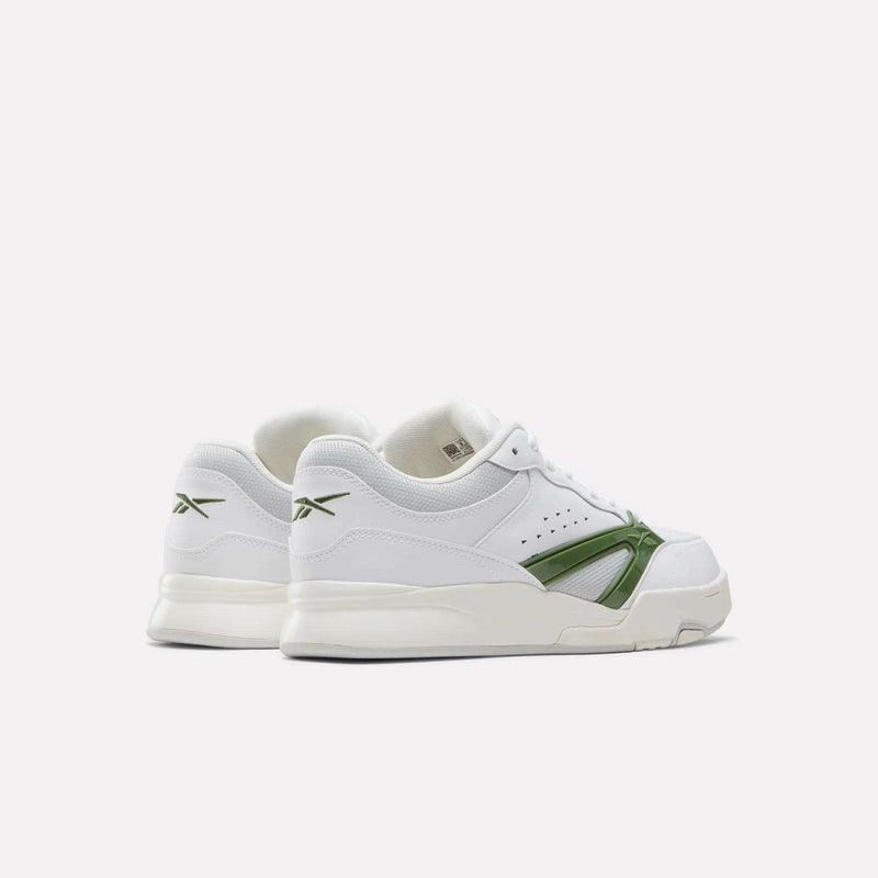 The Reebok Omni Edge Shoes are shown from the back and side on a plain light background. These sneakers feature a premium leather upper in white, complemented by green accents and branding, drawing inspiration from classic retro basketball silhouettes.