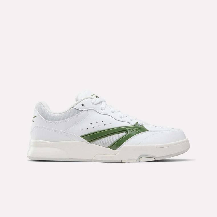 The Reebok Omni Edge Shoes, shown in side profile against a plain light background, feature a Ftwr White leather upper with subtle Legacy Green and New Grey 1 accents, perforated detailing, and a chunky white sole—echoing the vintage style of classic basketball sneakers.