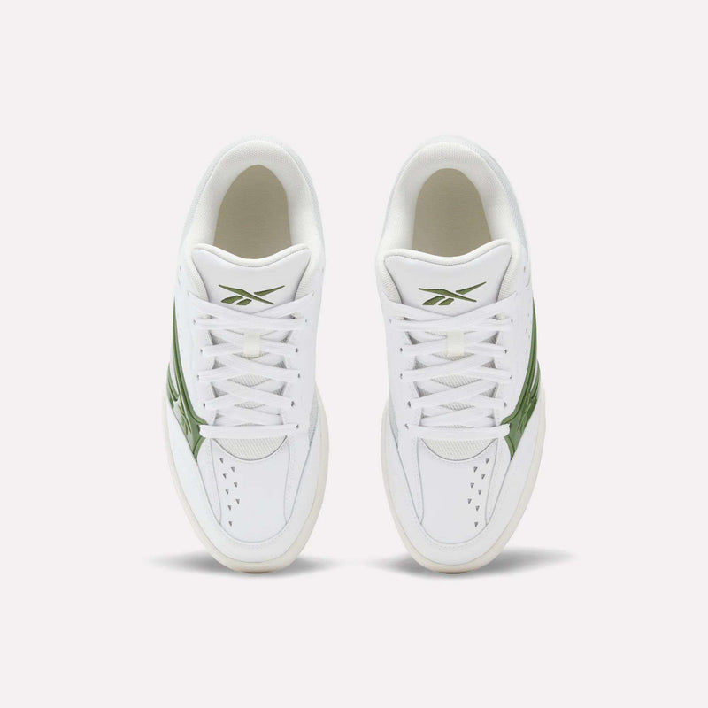 A pair of Reebok Omni Edge Shoes in white with green accents, shown from above on a plain light background. These retro basketball sneakers feature a leather upper, white laces, and green Reebok branding on the tongue and side, capturing the classic style of the Omni Edge.