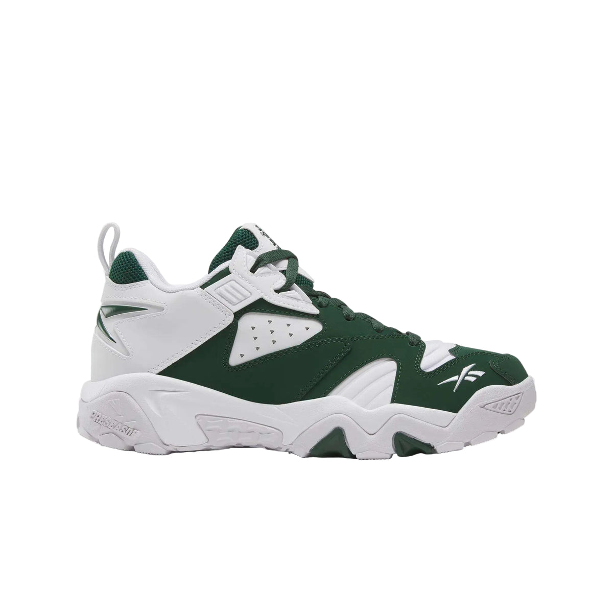 The Brutus Low Shoes by Reebok are athletic sneakers in Heritage Green and White, featuring mesh and leather panels, a chunky sole, and the Reebok logo on the heel and toe. Inspired by 90s style, these shoes offer a lightweight EVA midsole for added comfort. Shown in side profile on a plain white background.