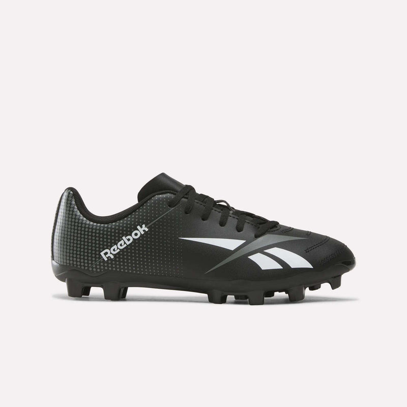 The Reebok Strike Multi-Ground Soccer Shoes for big kids are shown in black and grey, featuring a white logo, textured heel, and molded studs for superior traction—an ideal choice for young players seeking reliable performance on turf. Displayed against a plain white background.