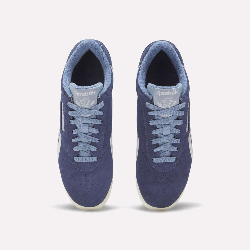 A top-down view of navy blue Women’s Freestyle Lo Shoes with matching laces and a light blue interior lining.