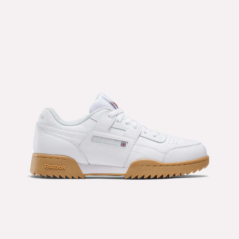 Vintage Reebok Workout Plus Ripple low-top sneakers in white featuring a gum-colored sawtooth rubber sole.