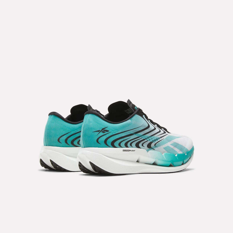 A pair of Reebok SpeedShifter Running Shoes in teal and white, featuring black wavy patterns, HyperFloat foam white midsoles for superior cushioning, and durable black outsoles, displayed against a plain white background.