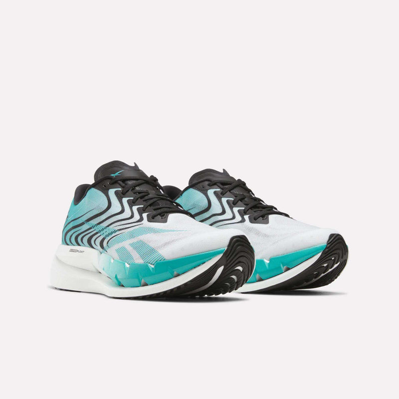A pair of Reebok SpeedShifter Running Shoes in teal, black, and white with a wave pattern, black laces, and white soles featuring HyperFloat foam cushioning, shown against a plain white background.