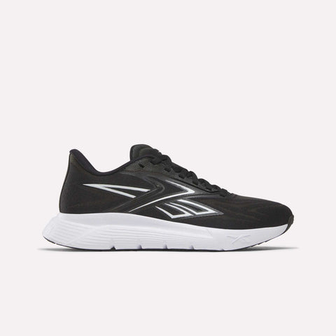 The Reebok Women's Nano Gym 2.0 Training Shoes in Black/Ftwr White are shown side view, highlighting their white sole and lace-up design against a plain light background.