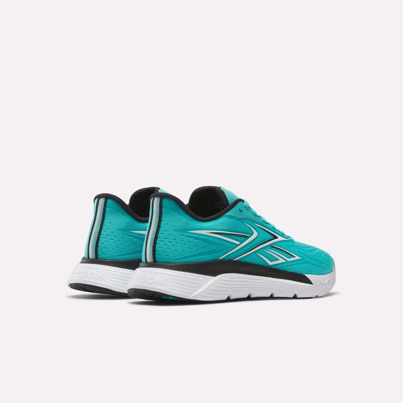 The Women's Nano Gym 2.0 Training Shoes by Reebok in teal feature black and white accents, a bold R logo, and a textured white sole—ideal workout shoes designed for comfort and style.