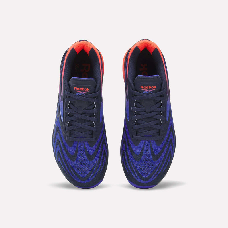 A pair of Reebok Nano X5 Edge Training Shoes with black laces, a blue and black wavy Flexweave pattern, and red accents on the tongue and heel, seen from above on a white background.