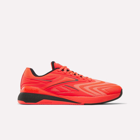 An energetic orange Reebok Nano X5 Edge Training Shoe featuring black detailing, a breathable Flexweave mesh upper, and a plush cushioned sole—pictured in side profile against a plain white background—engineered by Reebok specifically for high-performance training sessions.