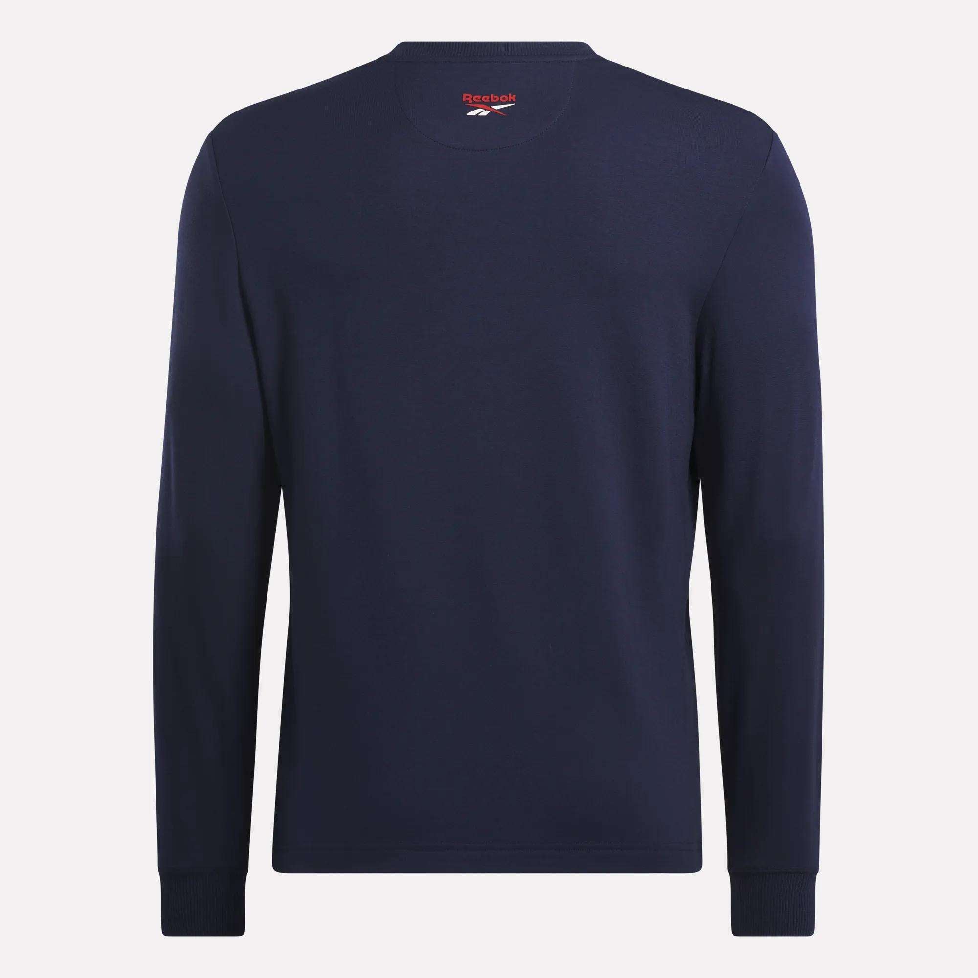 Reebok Men's Long Sleeve Golf Sweatshirt in navy blue, featuring a crew neck, subtle inside logo, and UPF 30+ protection, shown on a plain white background.