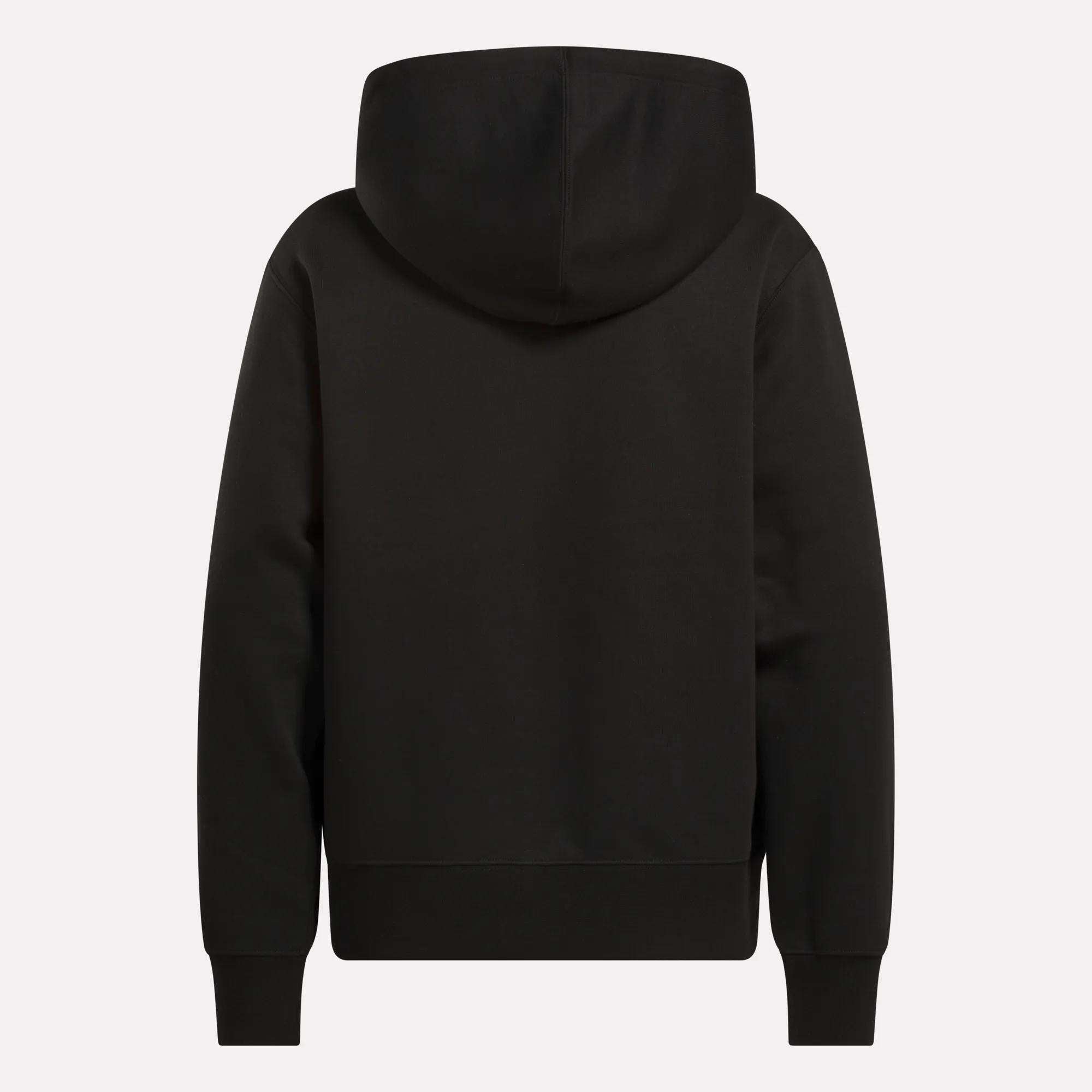 A women's small Reebok Vector full zip sweatshirt shown from the back, featuring a hood and long sleeves, in plain black with no visible designs or logos.