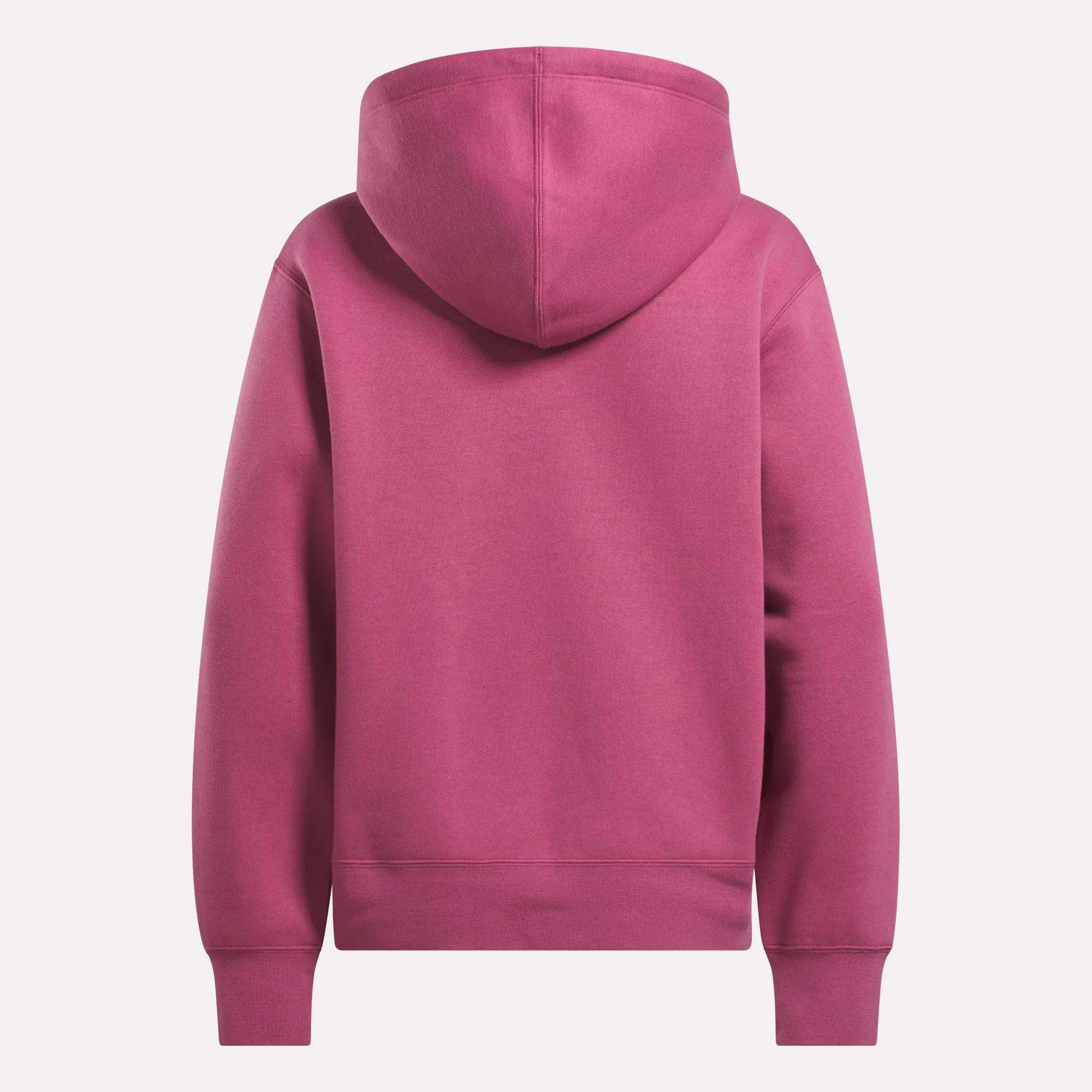 The image shows the back of a women's Reebok Vector Full Zip Sweatshirt in magenta, featuring long sleeves, a hood, and ribbed cuffs and hem. The design is plain with no visible logos or graphics. Size: Small.