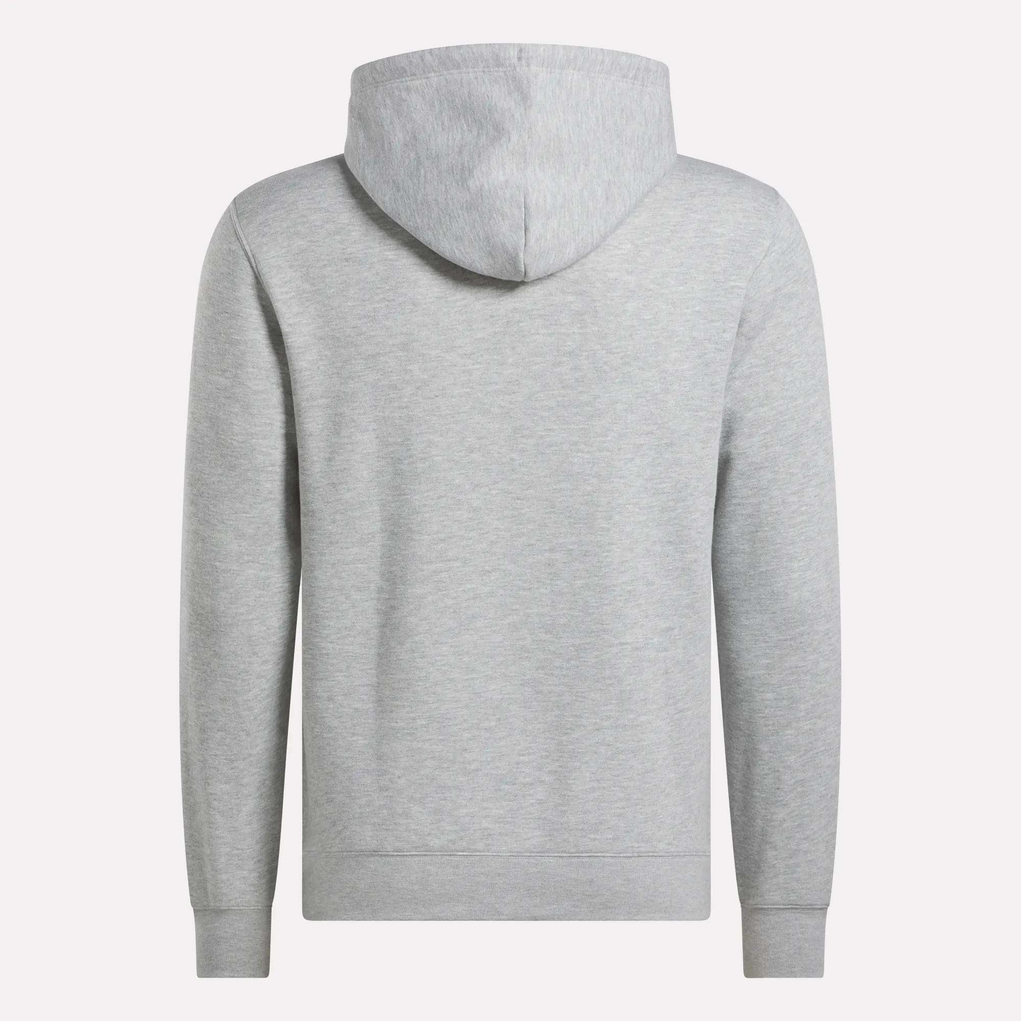 The Reebok Men's Finisher Hoodie is shown from the back in light gray, featuring a relaxed fit, long sleeves, and a simple design with the hood up and no visible logos for a clean, comfortable look.