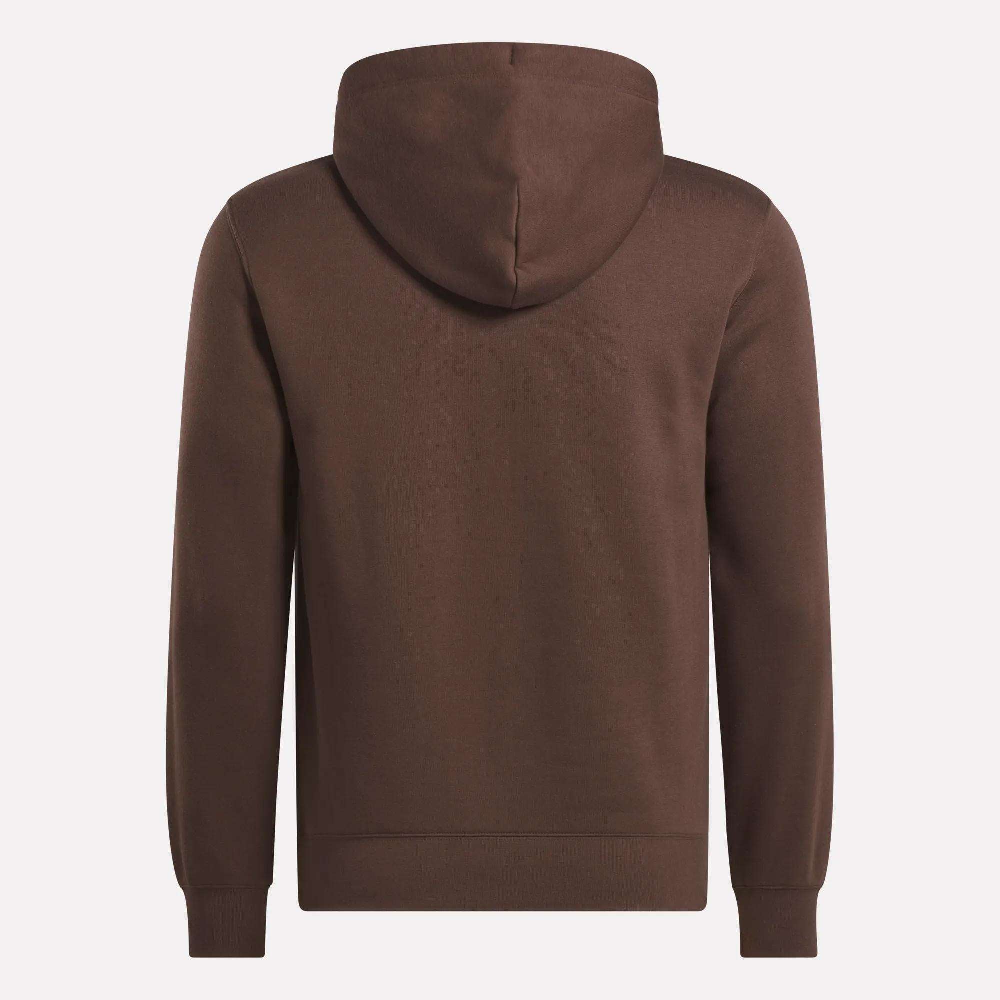 The Men's Finisher Hoodie by Reebok is shown from the back, featuring long sleeves, a hood, and ribbed cuffs and hem for comfort.
