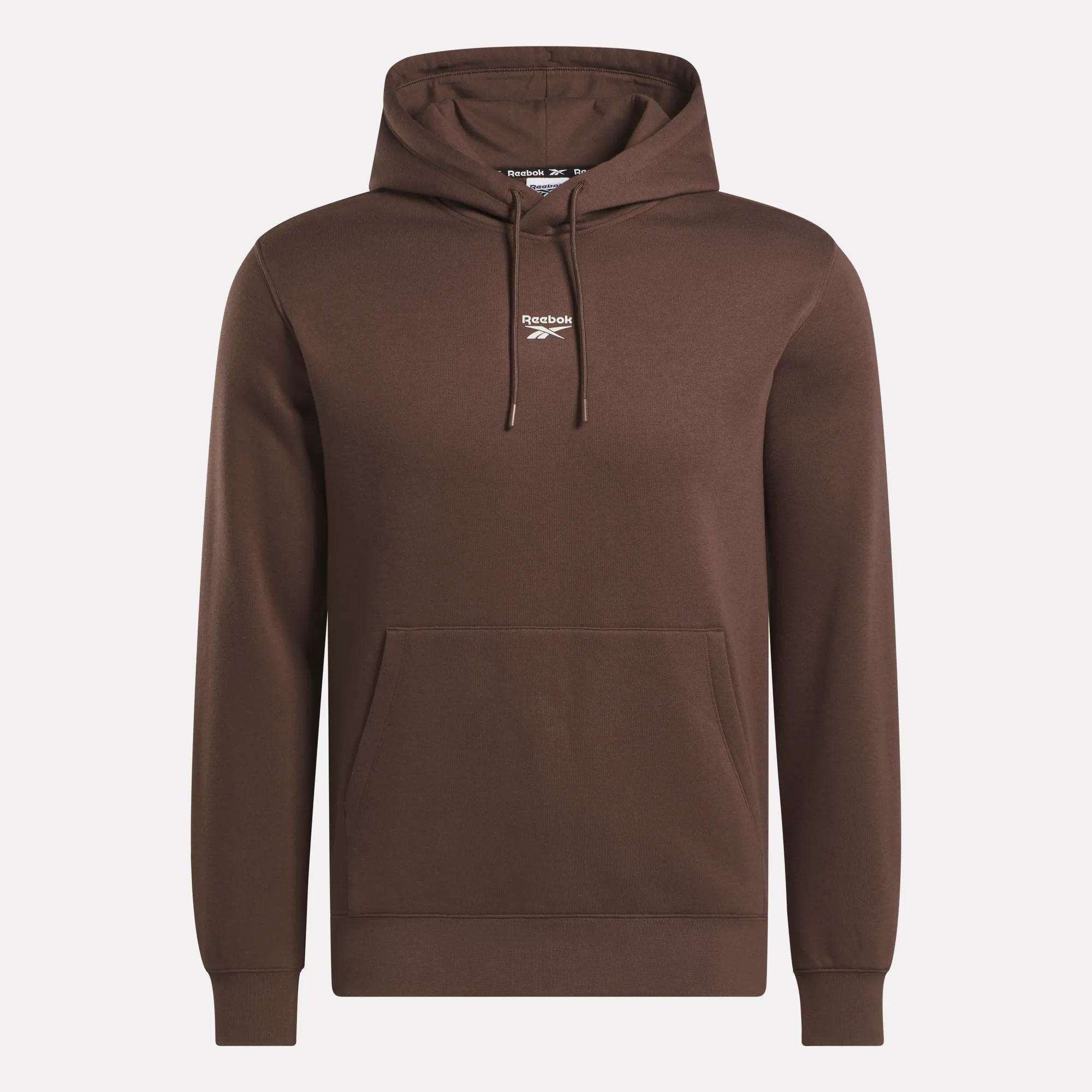 The Reebok Men's Finisher Hoodie in brown features a soft cotton-blend fabric, a front pocket, and a small white logo on the chest, shown against a plain background.