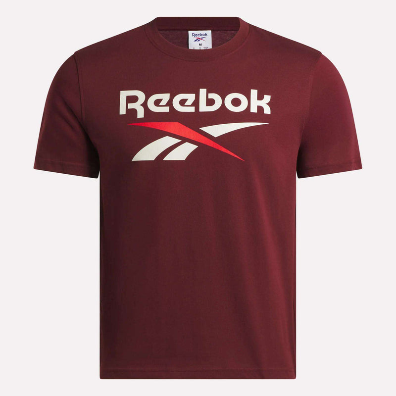 The Reebok Men's Logo Crewneck T-Shirt is a maroon cotton tee featuring bold white and red Vector logo branding across the chest.