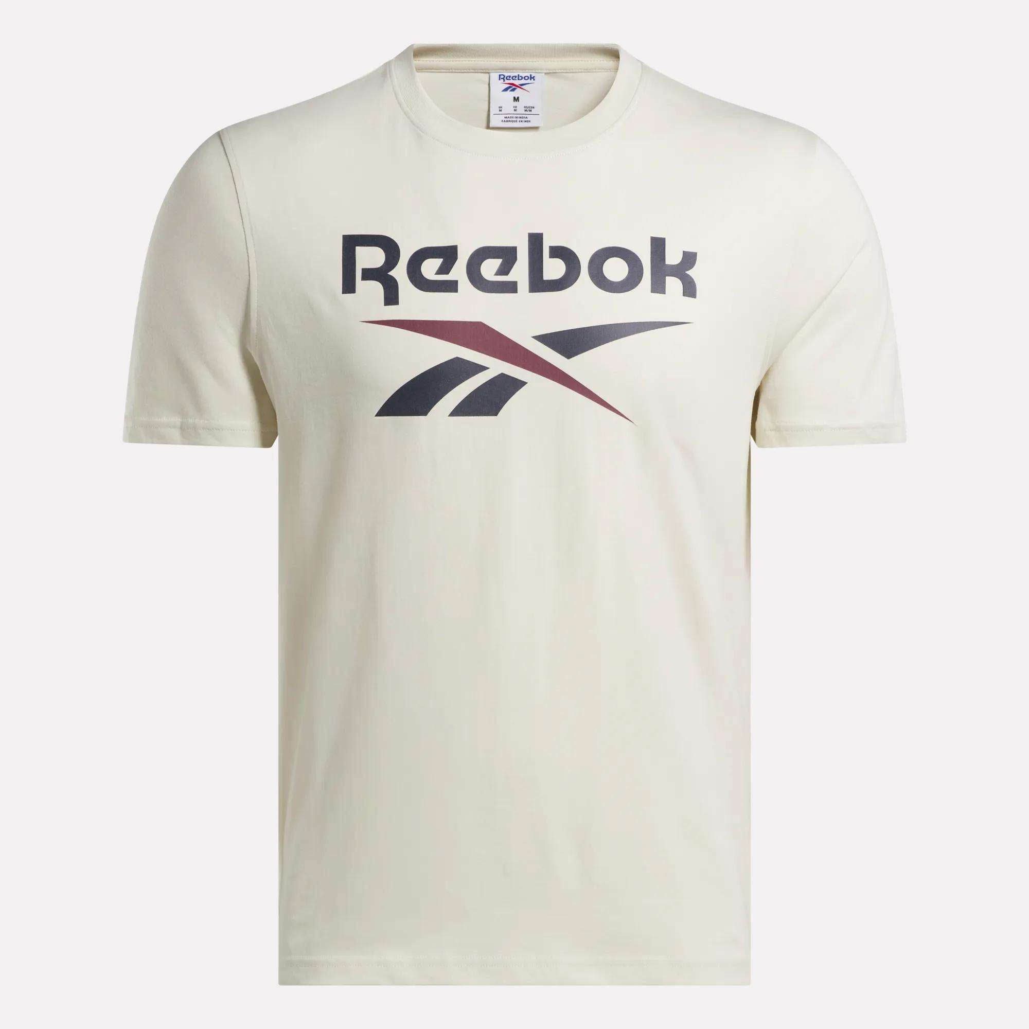 The Men's Logo Crewneck T-Shirt by Reebok features a bold black and maroon vector logo graphic across the chest.